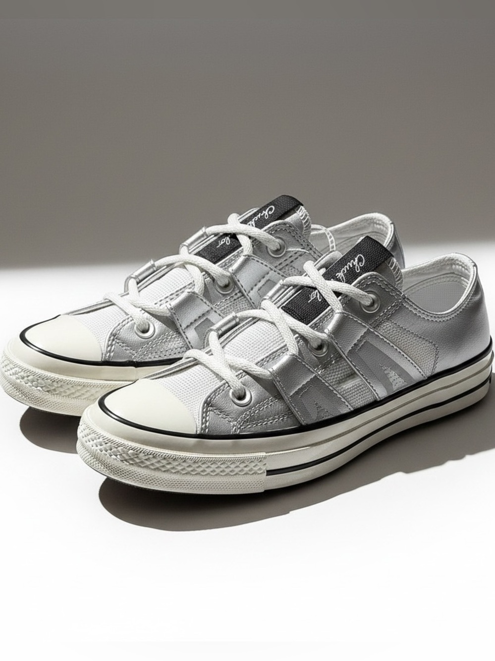 Converse Low Top Sneakers in Silver, White & Cream